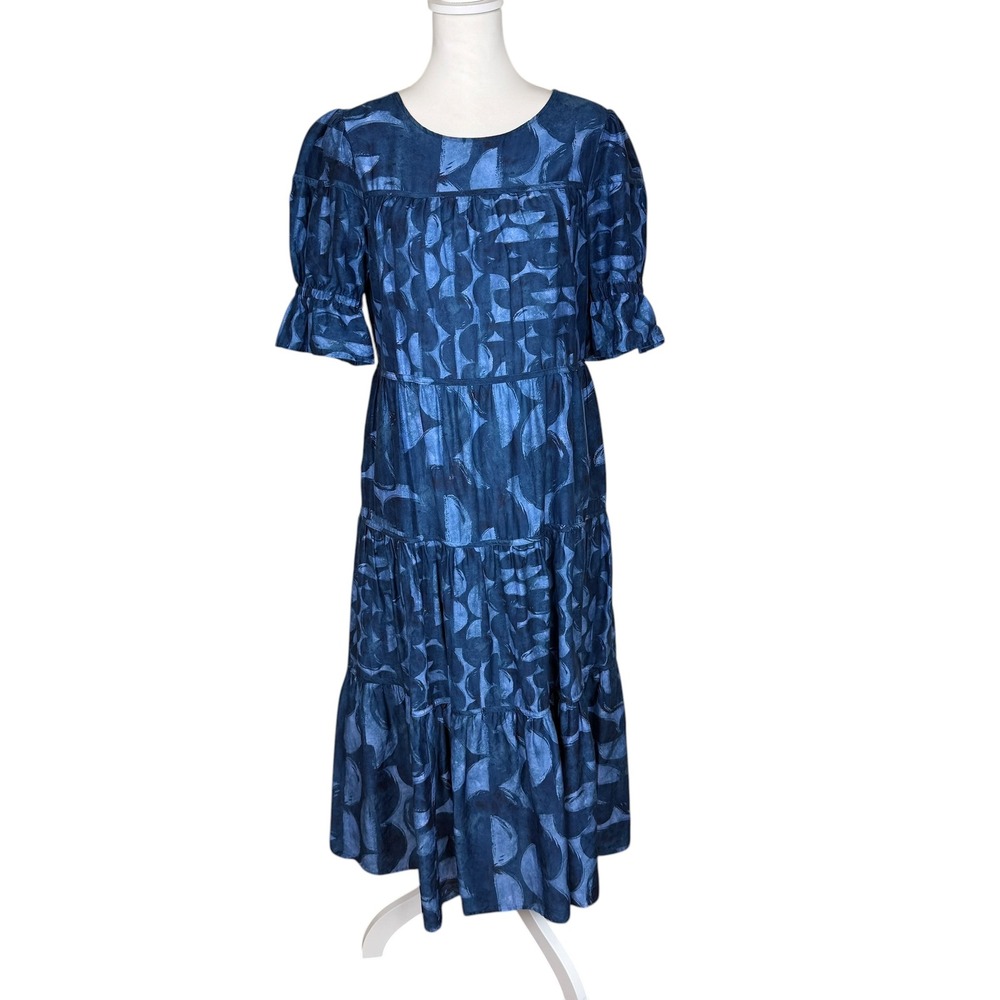 Chicos Blue Abstract Cotton Silk Blend Tiered Midi Dress Size 00 US 2